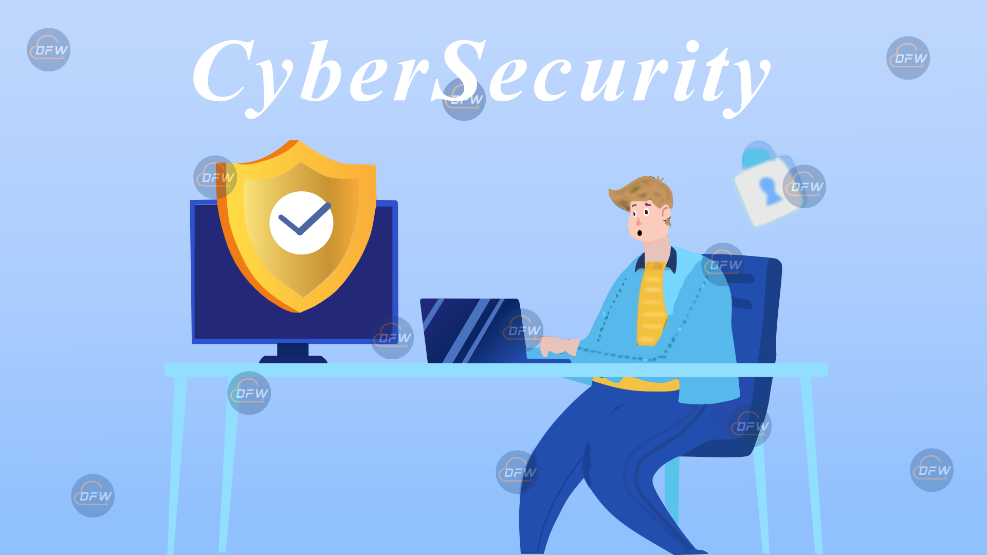 Flat Image of a man sitting at a desk working on cybersecurity solutions